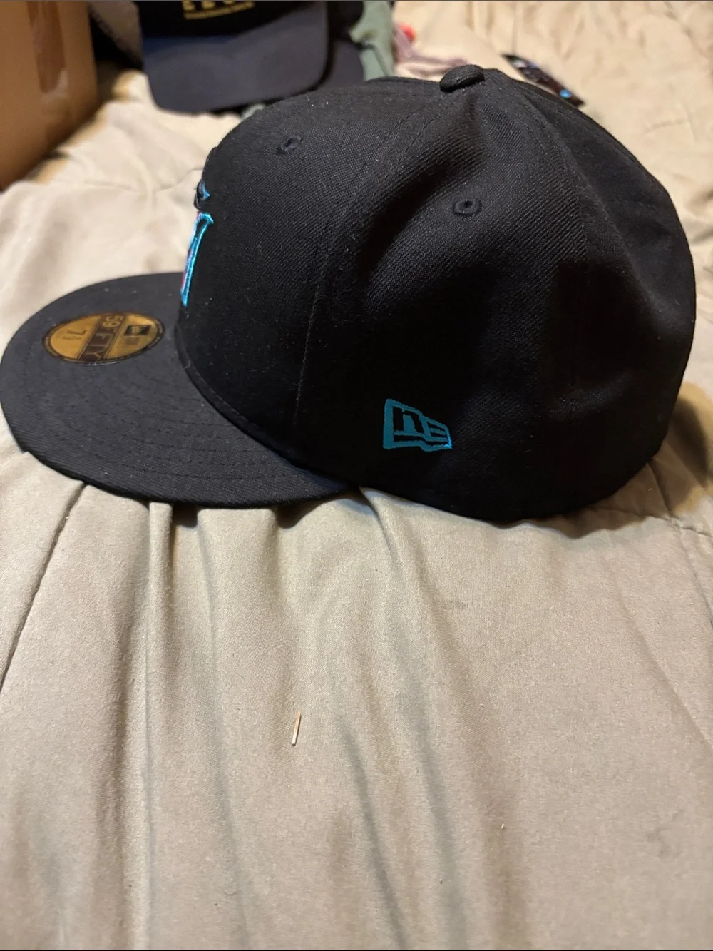 New Era Black Miami Marlins Fitted Hat with Teal & Red Logo